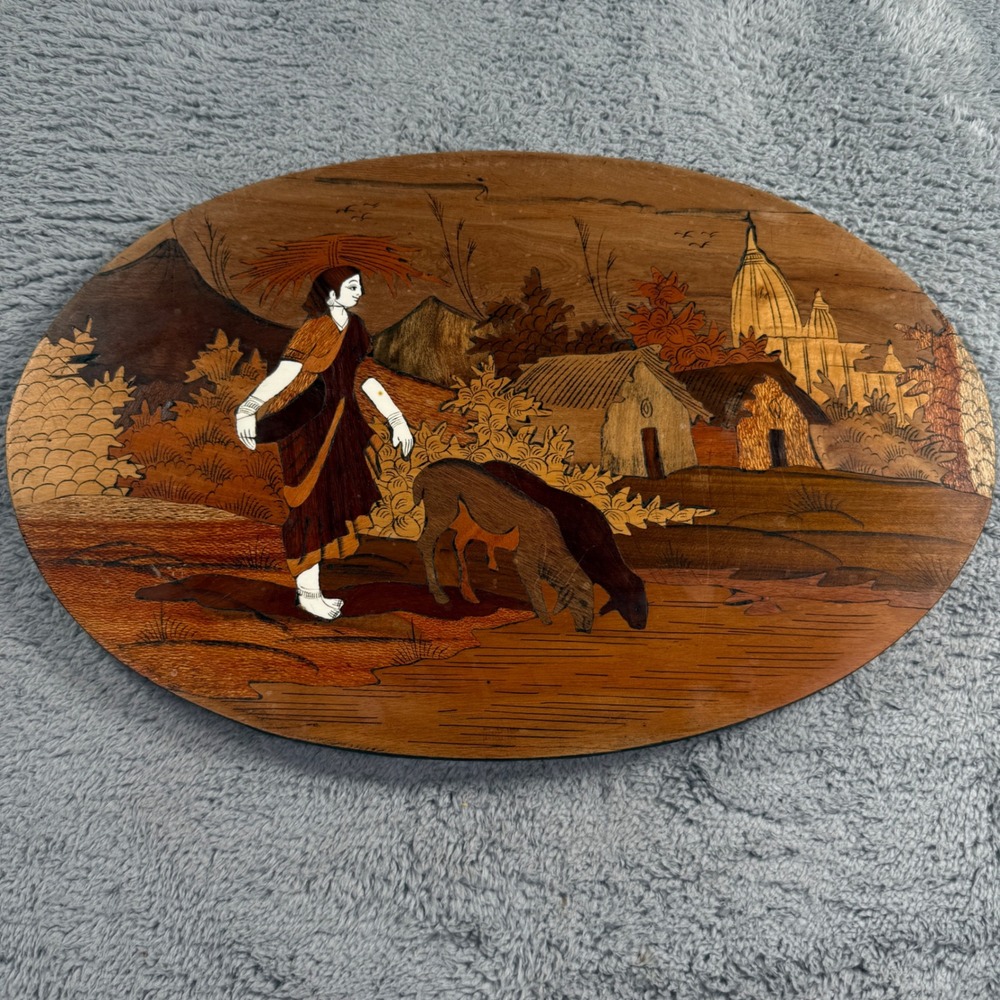 Vintage Oval Wood Marquetry Wall Art Village Scene Inlay Plaque 18 Inch